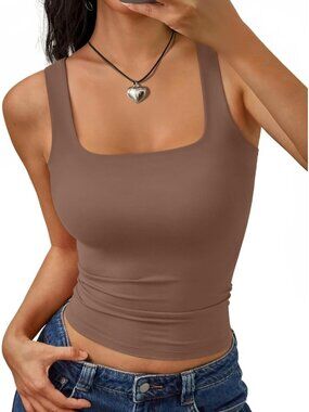 Women's Coffee Grey Square Neck Double Lined Lightweight Imported Tank Tops